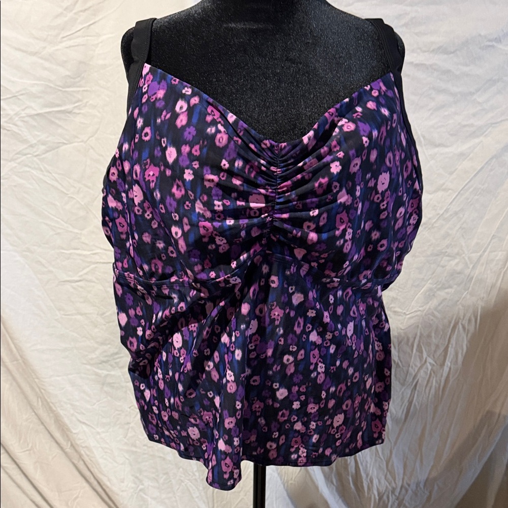Plus Size Purple Floral Ruched Tankini Top